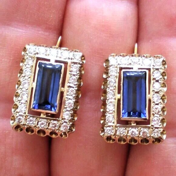 Russian USSR 18K 750 Yellow White Gold Diamond Sapphire Cluster Dangle Earrings - Picture 4 of 9